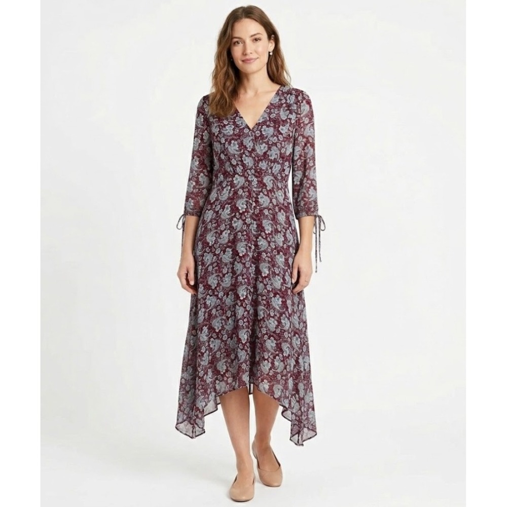 New Shoshanna Purple Gray Floral Shark Bite Hem V Neck Midi Dress size 6